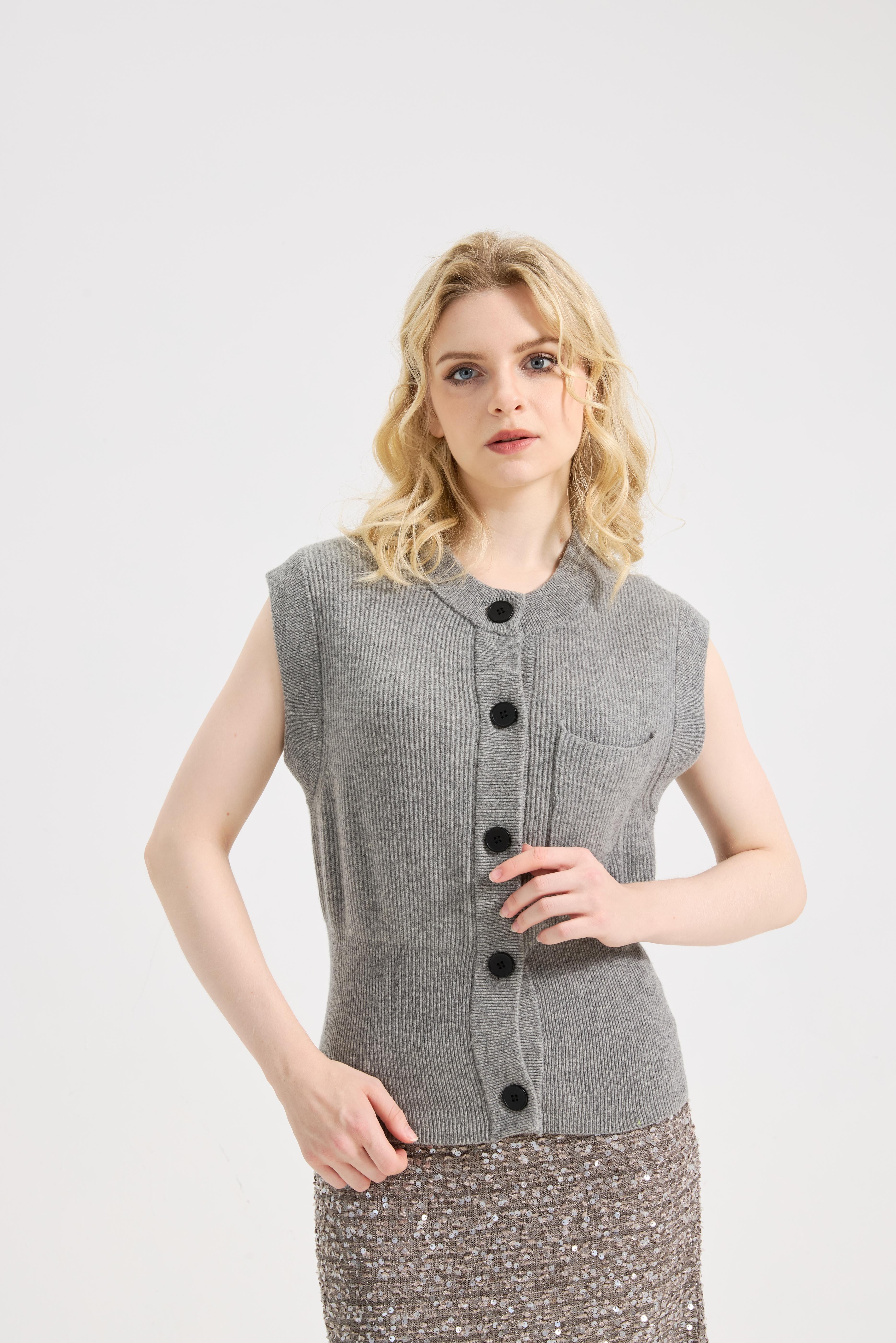 Women's Solid Round Neck Cap Sleeve Knitwear Sweater Tops
