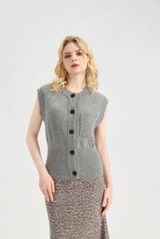 Women's Solid Round Neck Cap Sleeve Knitwear Sweater Tops