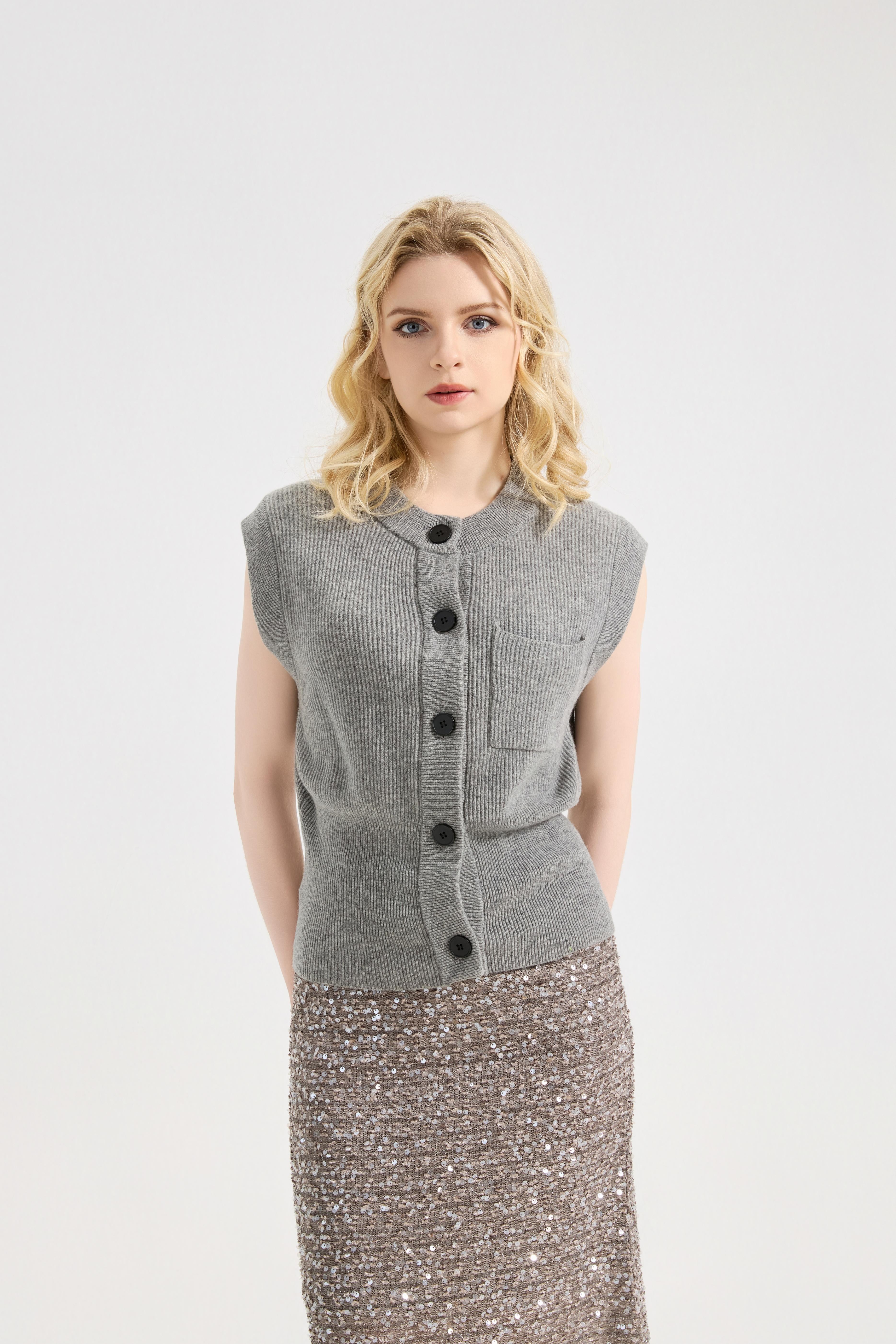 Women's Solid Round Neck Cap Sleeve Knitwear Sweater Tops