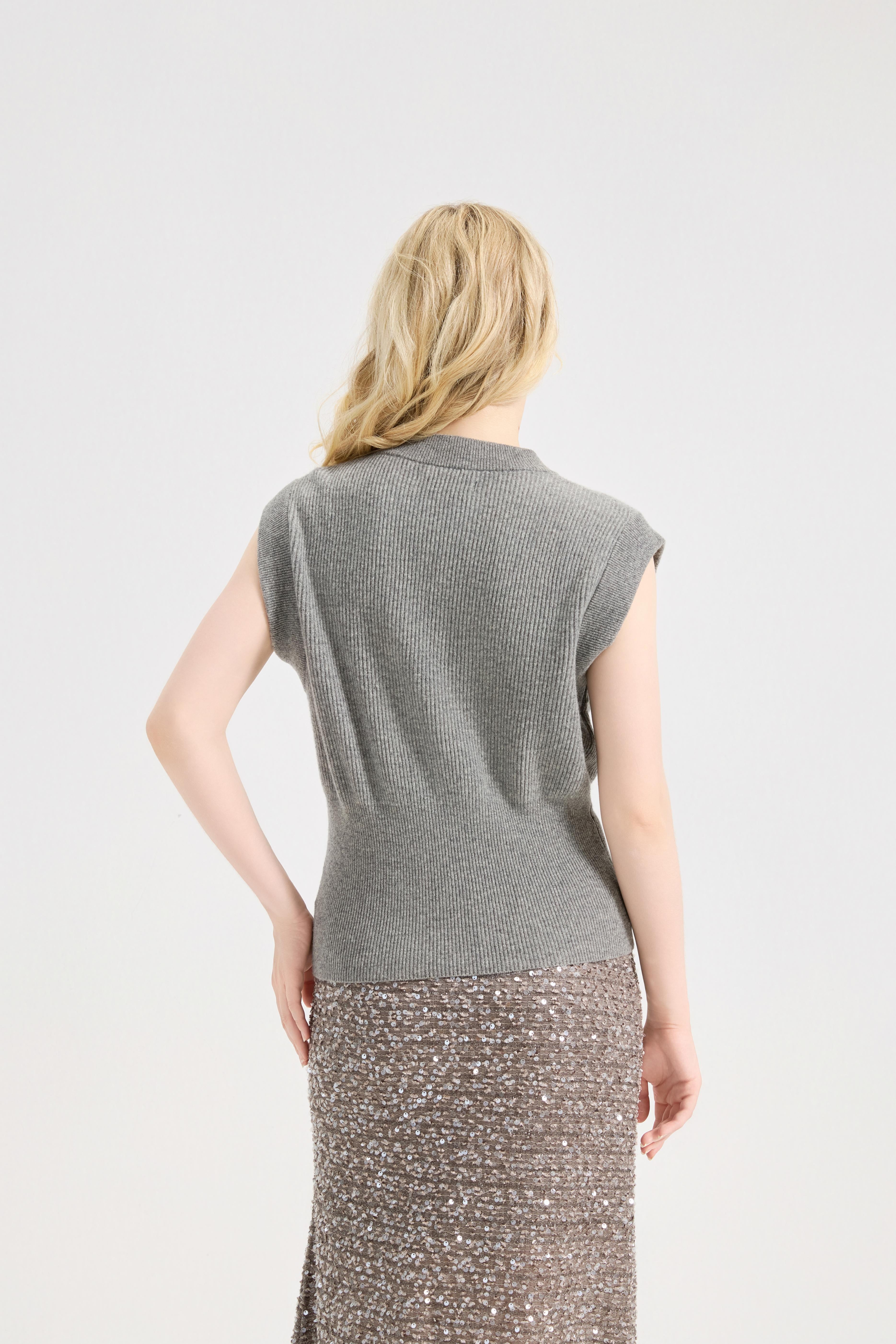 Women's Solid Round Neck Cap Sleeve Knitwear Sweater Tops