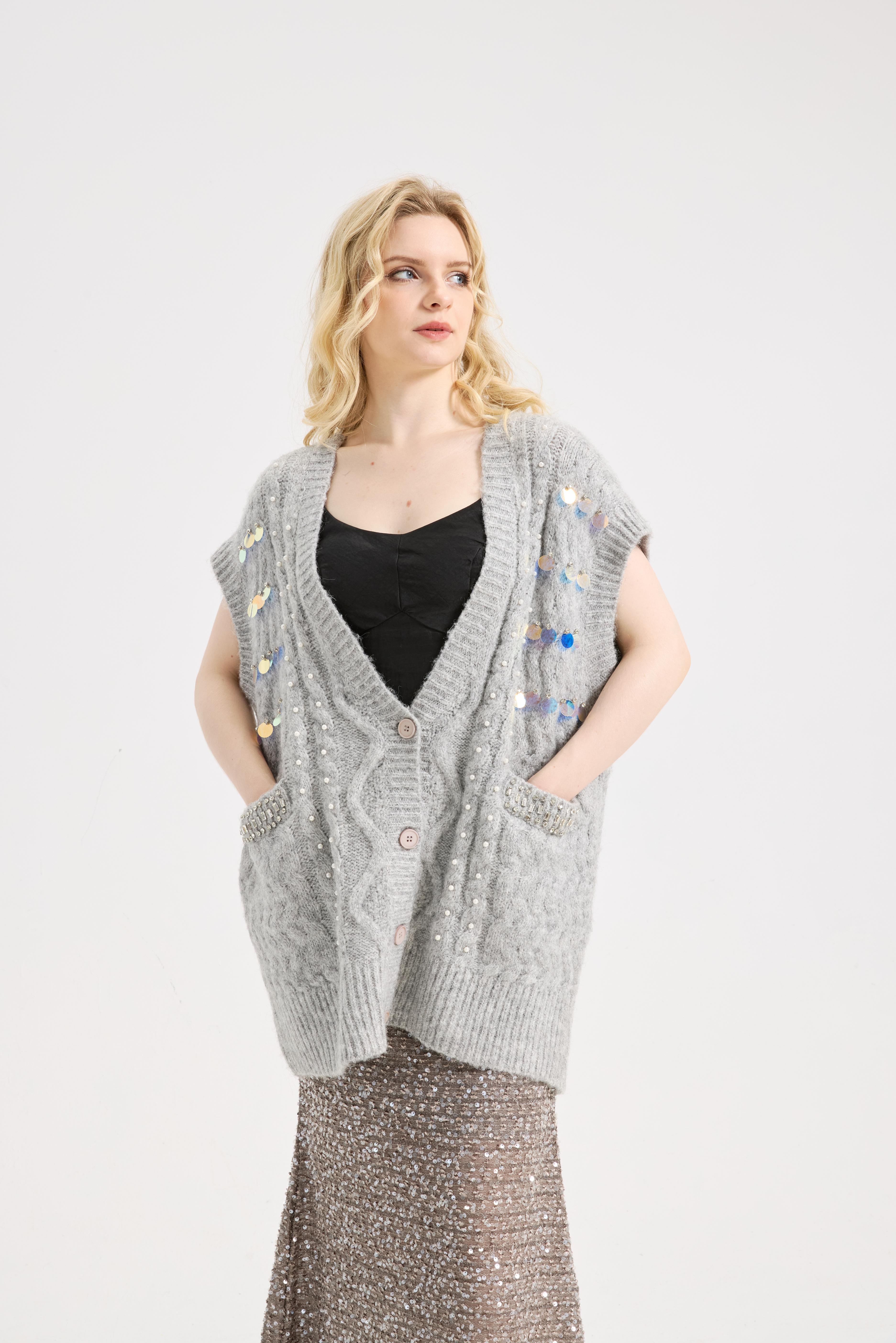 Women's Shine Sequin Beaded Button Sleeveless Long Vest Warm Casual Sweater