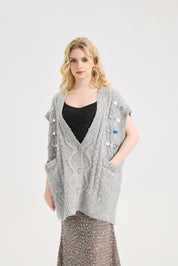 Women's Shine Sequin Beaded Button Sleeveless Long Vest Warm Casual Sweater