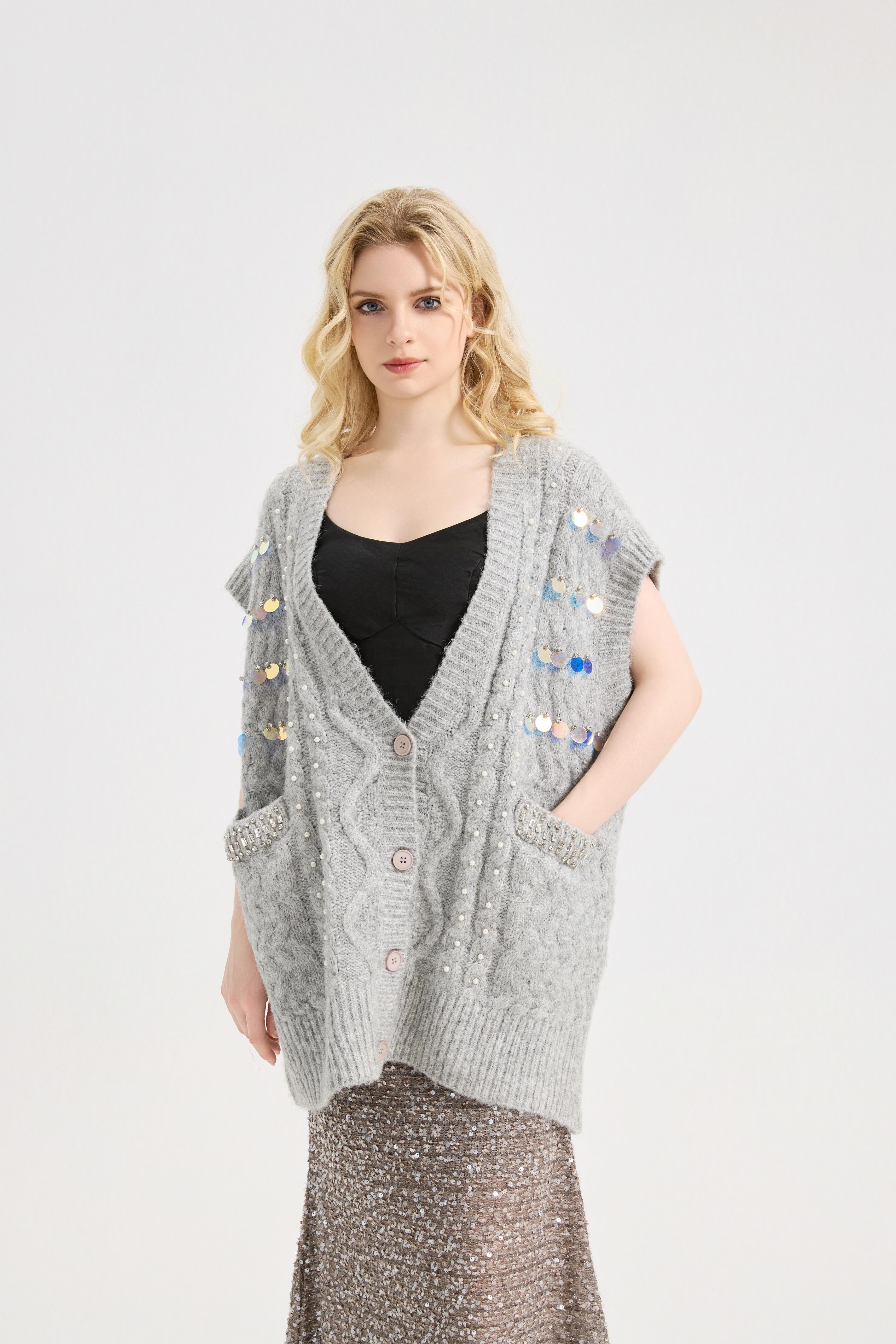 Women's Shine Sequin Beaded Button Sleeveless Long Vest Warm Casual Sweater