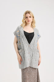 Women's Shine Sequin Beaded Button Sleeveless Long Vest Warm Casual Sweater