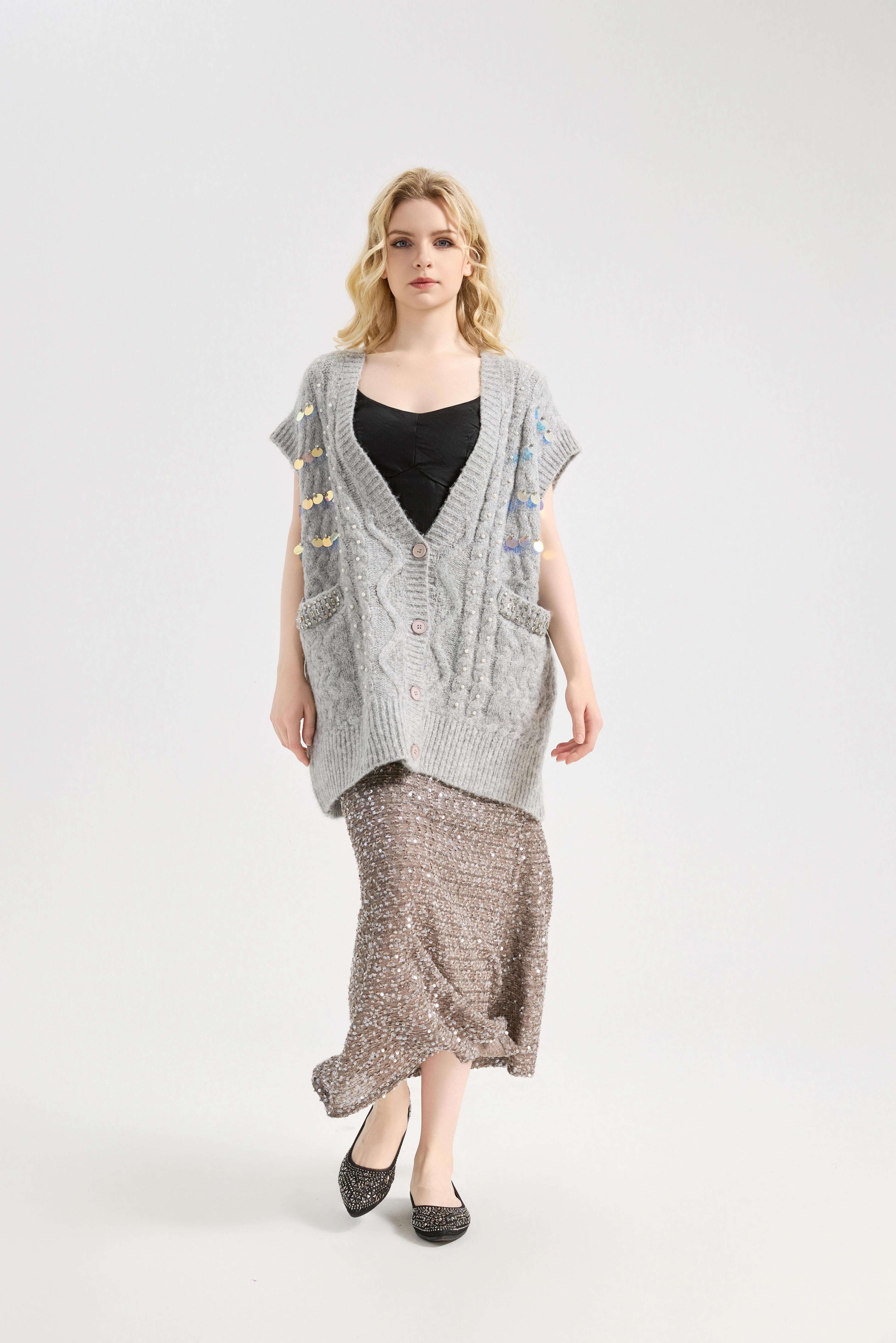 Women's Shine Sequin Beaded Button Sleeveless Long Vest Warm Casual Sweater