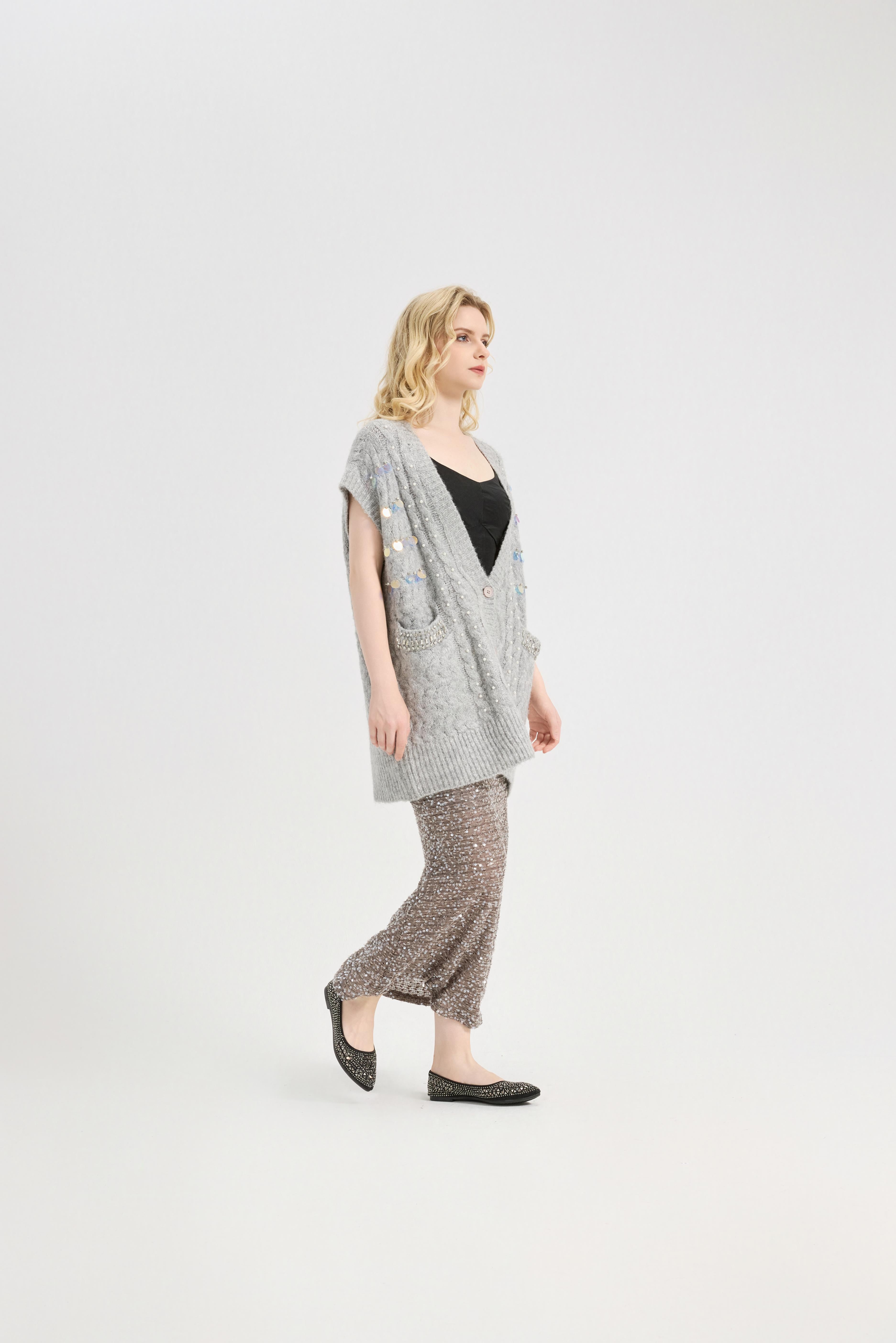 Women's Shine Sequin Beaded Button Sleeveless Long Vest Warm Casual Sweater