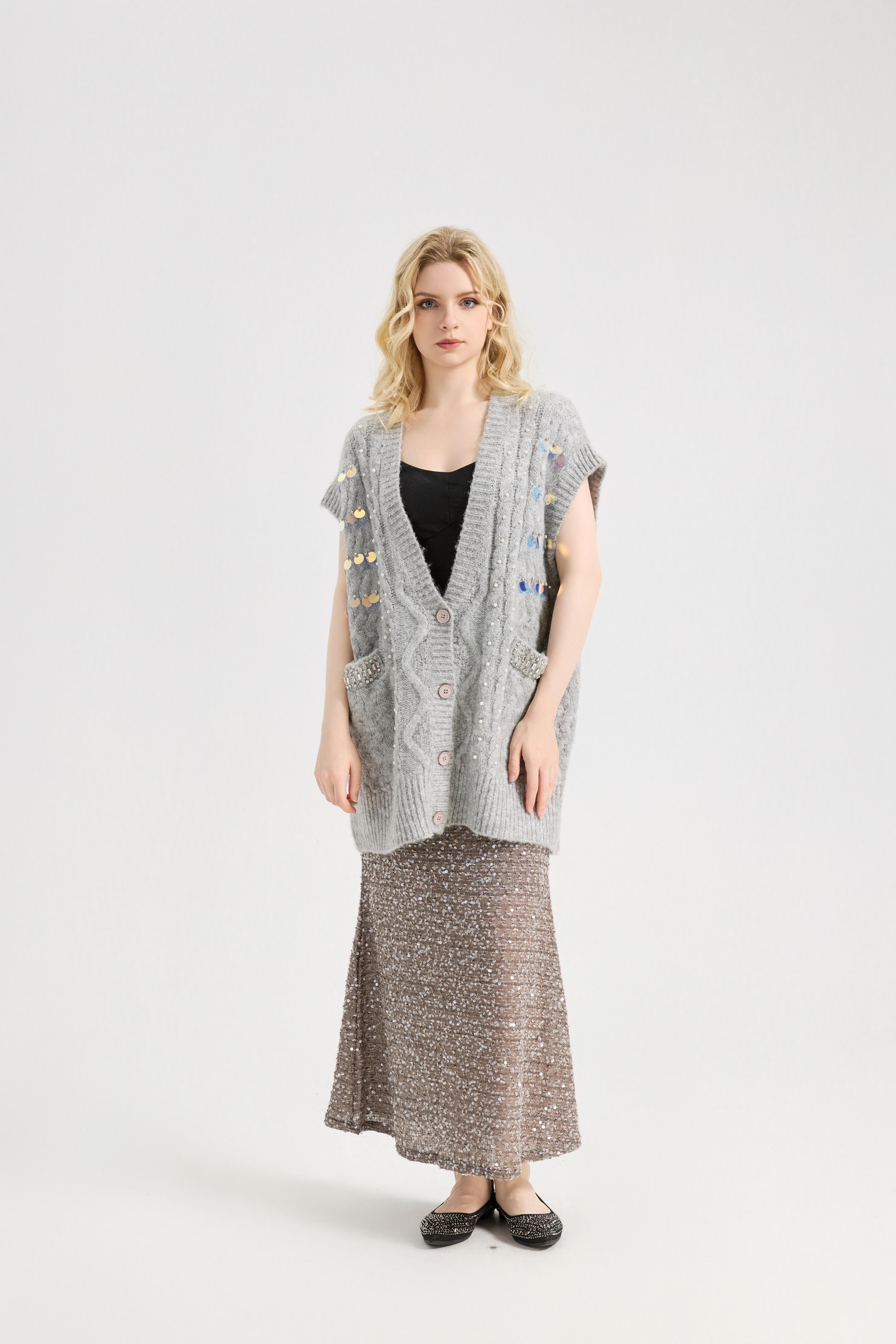Women's Shine Sequin Beaded Button Sleeveless Long Vest Warm Casual Sweater