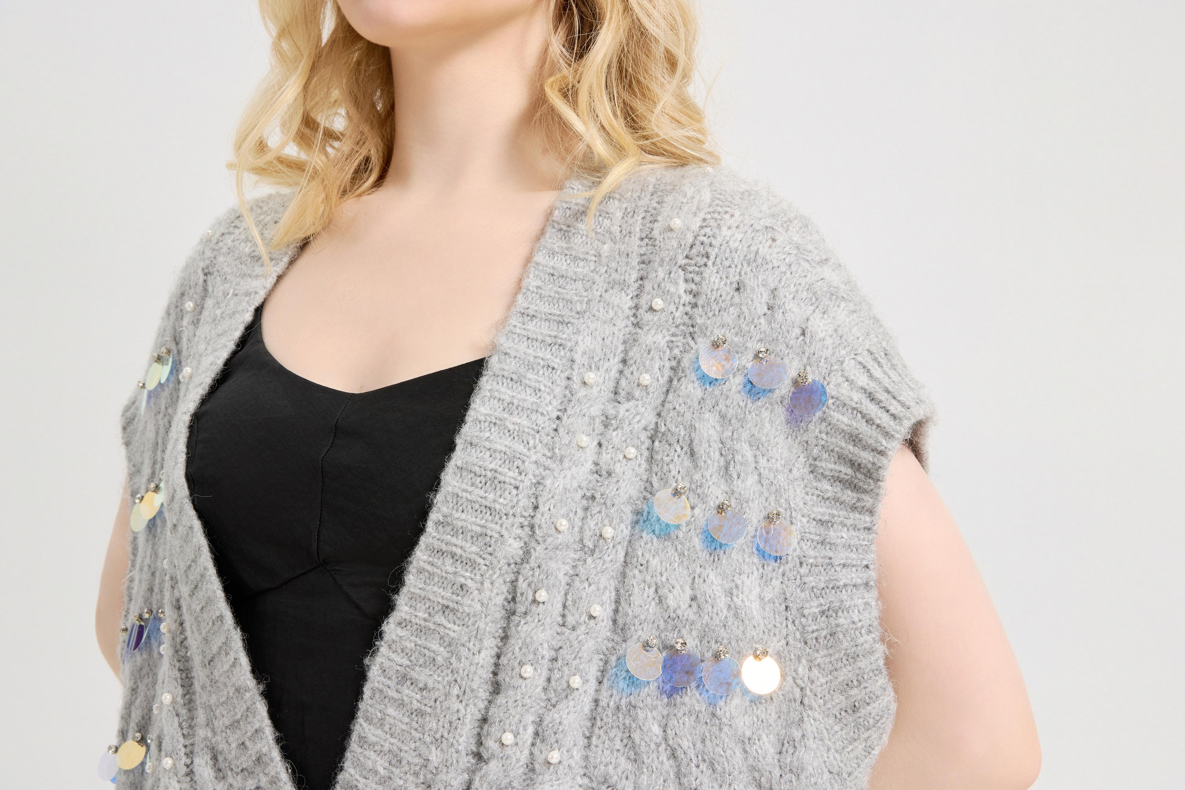 Women's Shine Sequin Beaded Button Sleeveless Long Vest Warm Casual Sweater