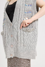 Women's Shine Sequin Beaded Button Sleeveless Long Vest Warm Casual Sweater