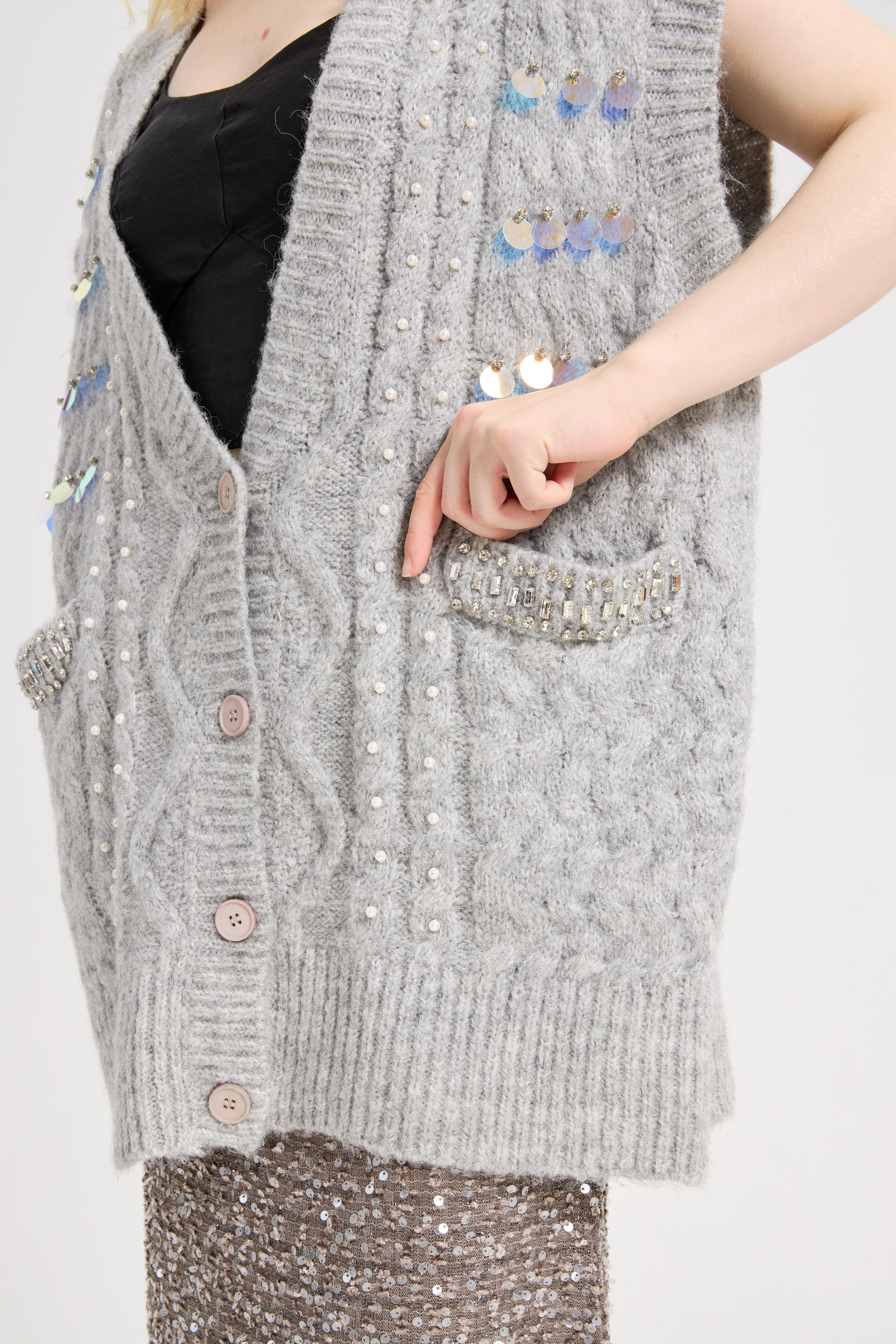 Women's Shine Sequin Beaded Button Sleeveless Long Vest Warm Casual Sweater