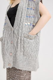 Women's Shine Sequin Beaded Button Sleeveless Long Vest Warm Casual Sweater