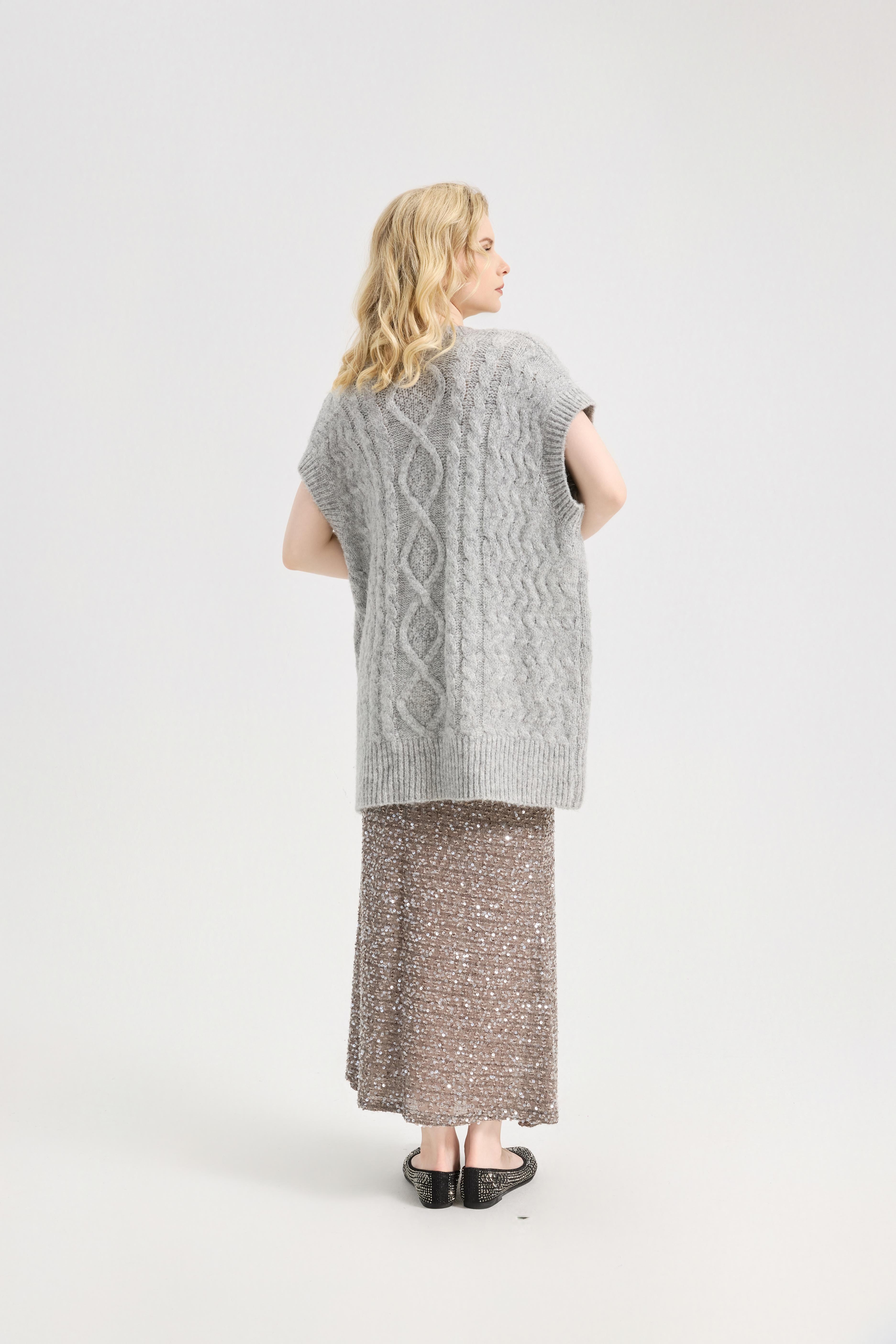 Women's Shine Sequin Beaded Button Sleeveless Long Vest Warm Casual Sweater