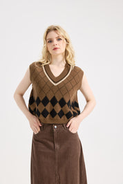 Hyipels Sweater Vest Women,Sleeveless V Neck Argyle Plaid Long Preppy Loose Knitted Casual School Sweaters Tank Top