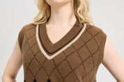 Hyipels Sweater Vest Women,Sleeveless V Neck Argyle Plaid Long Preppy Loose Knitted Casual School Sweaters Tank Top