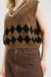 Hyipels Sweater Vest Women,Sleeveless V Neck Argyle Plaid Long Preppy Loose Knitted Casual School Sweaters Tank Top