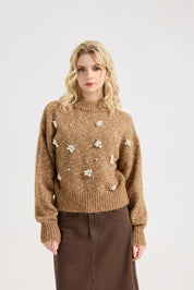 Women's Pearls Beaded Pullovers V Neck Drop Shoulder Loose Sweater Top