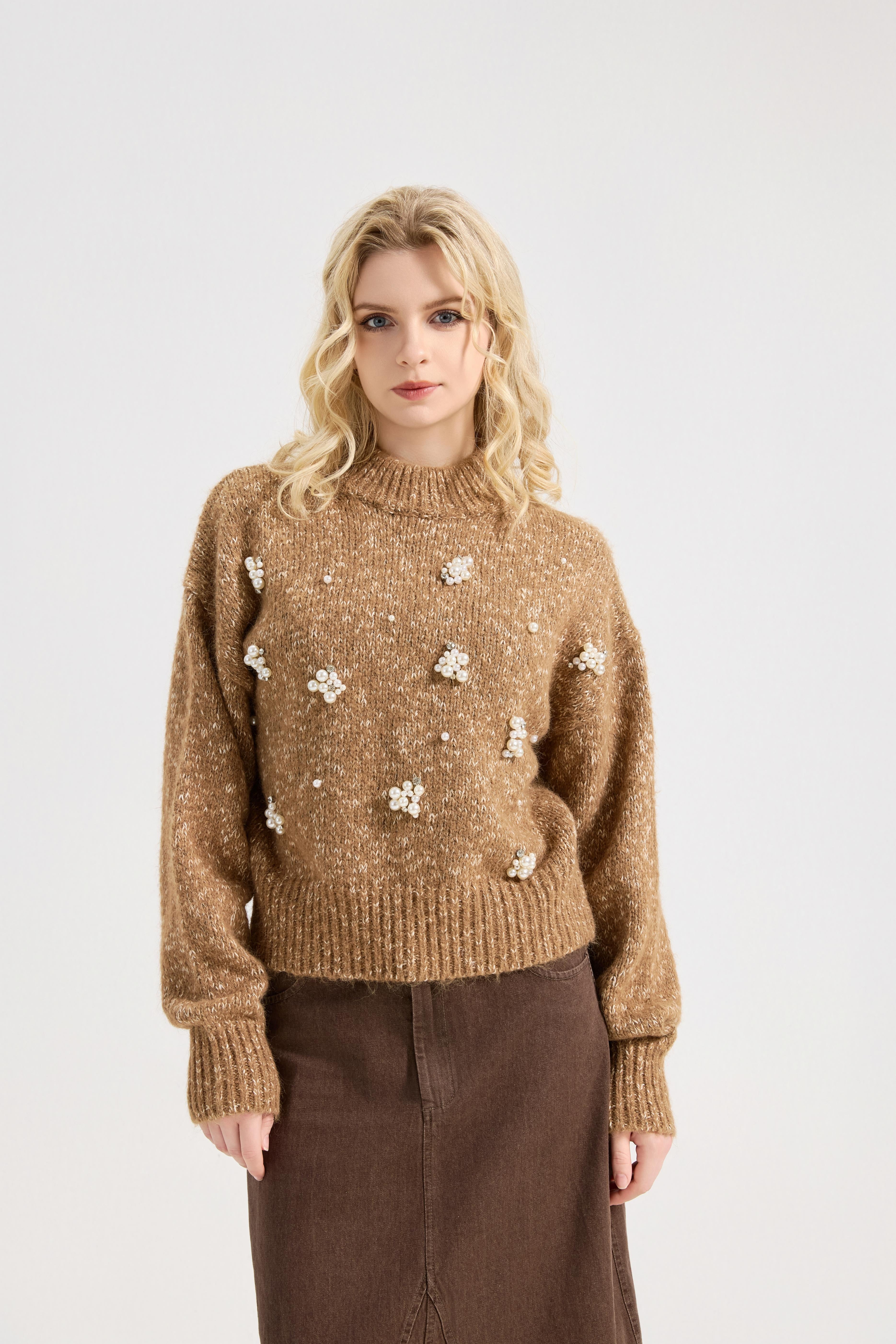 Women's Pearls Beaded Pullovers V Neck Drop Shoulder Loose Sweater Top