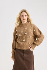 Women's Pearls Beaded Pullovers V Neck Drop Shoulder Loose Sweater Top