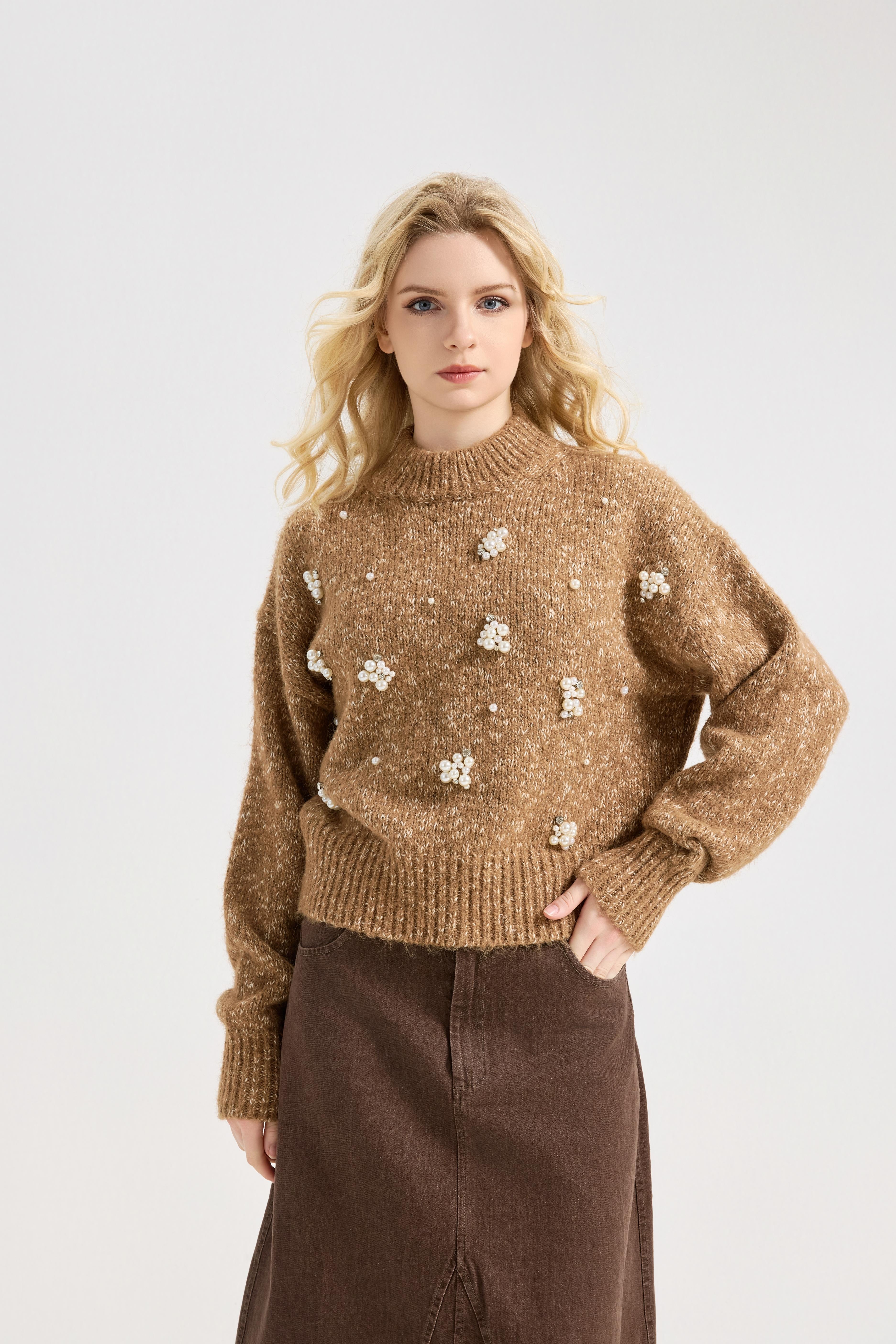 Women's Pearls Beaded Pullovers V Neck Drop Shoulder Loose Sweater Top