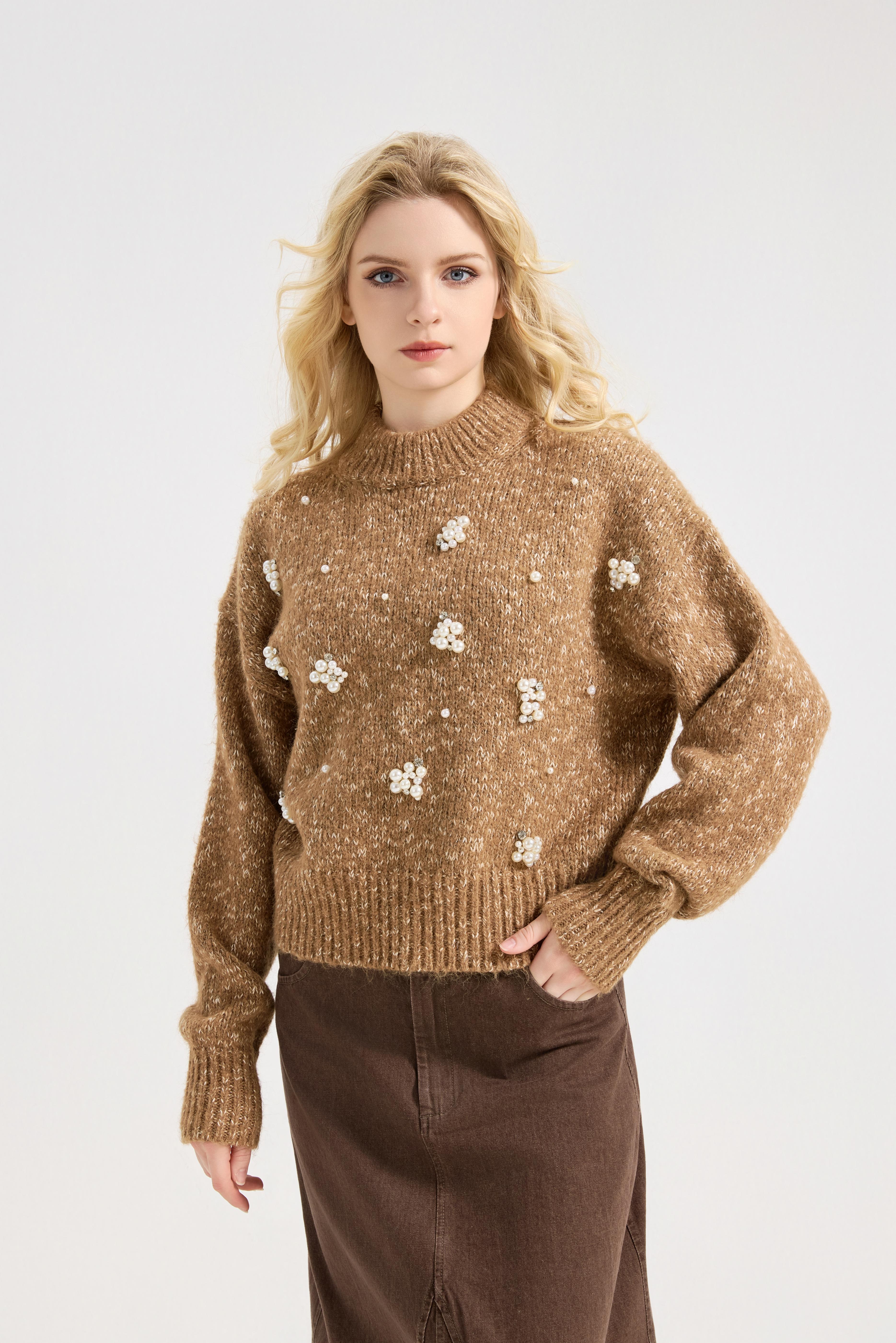 Women's Pearls Beaded Pullovers V Neck Drop Shoulder Loose Sweater Top