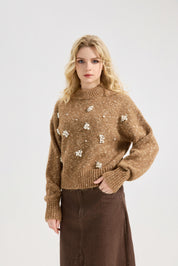 Women's Pearls Beaded Pullovers V Neck Drop Shoulder Loose Sweater Top