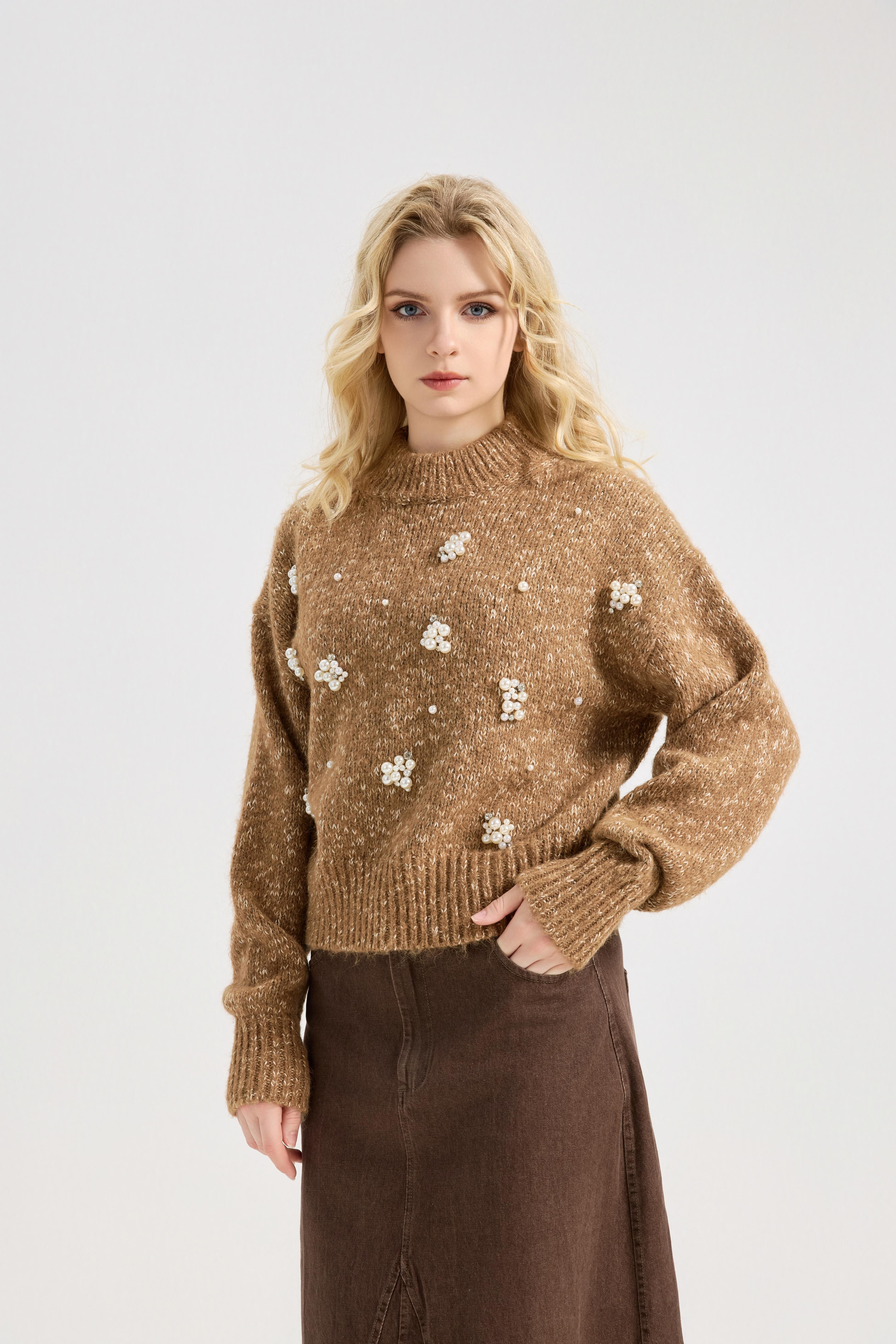 Women's Pearls Beaded Pullovers V Neck Drop Shoulder Loose Sweater Top