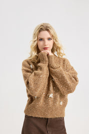 Women's Pearls Beaded Pullovers V Neck Drop Shoulder Loose Sweater Top