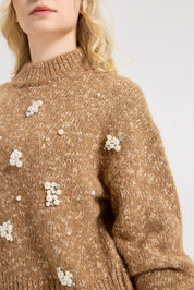 Women's Pearls Beaded Pullovers V Neck Drop Shoulder Loose Sweater Top