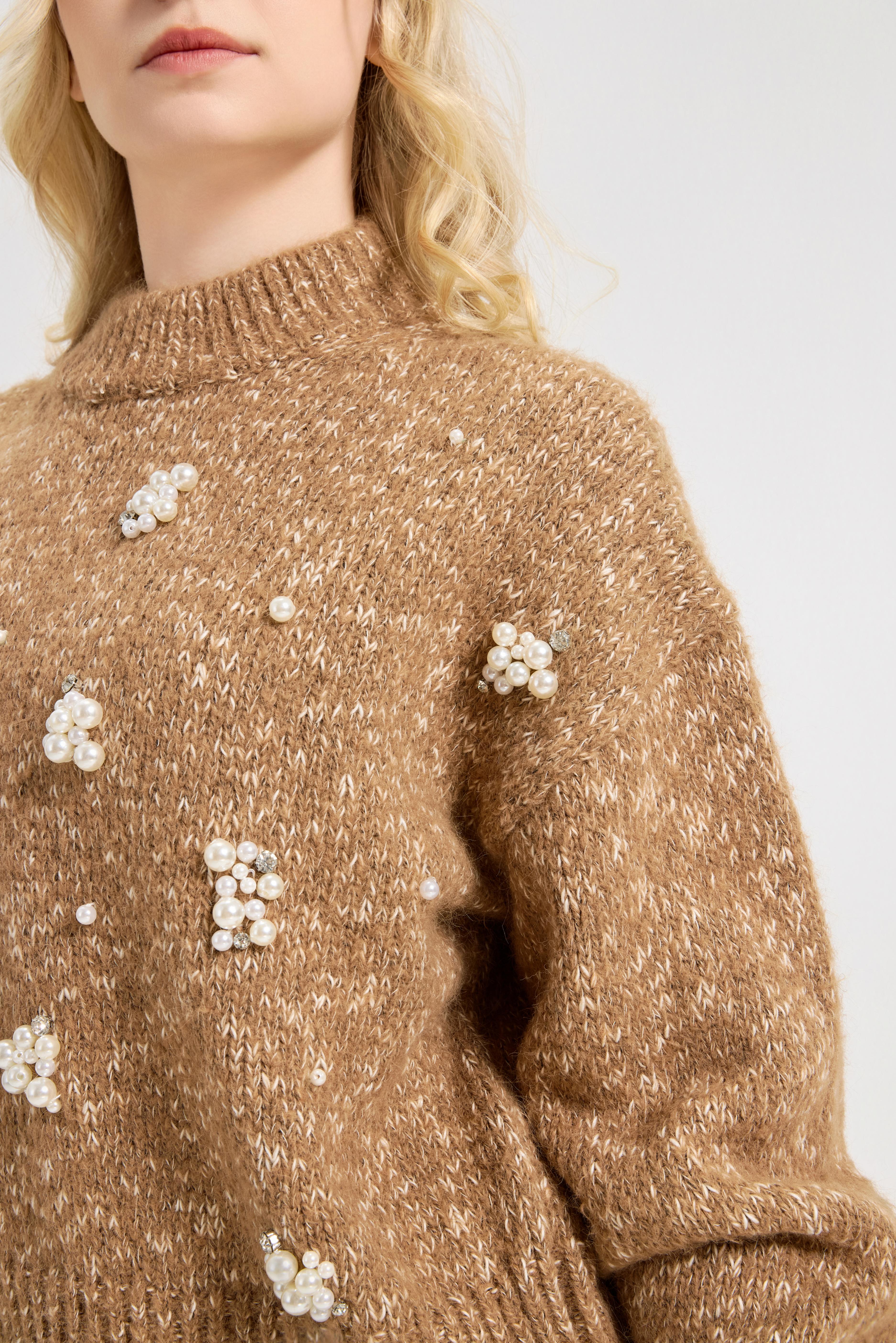 Women's Pearls Beaded Pullovers V Neck Drop Shoulder Loose Sweater Top