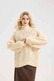 Women's Casual Turtleneck Long Lantern Sleeve Fall 2025 Oversized Ribbed Knit Pullover Sweater Jumper Top
