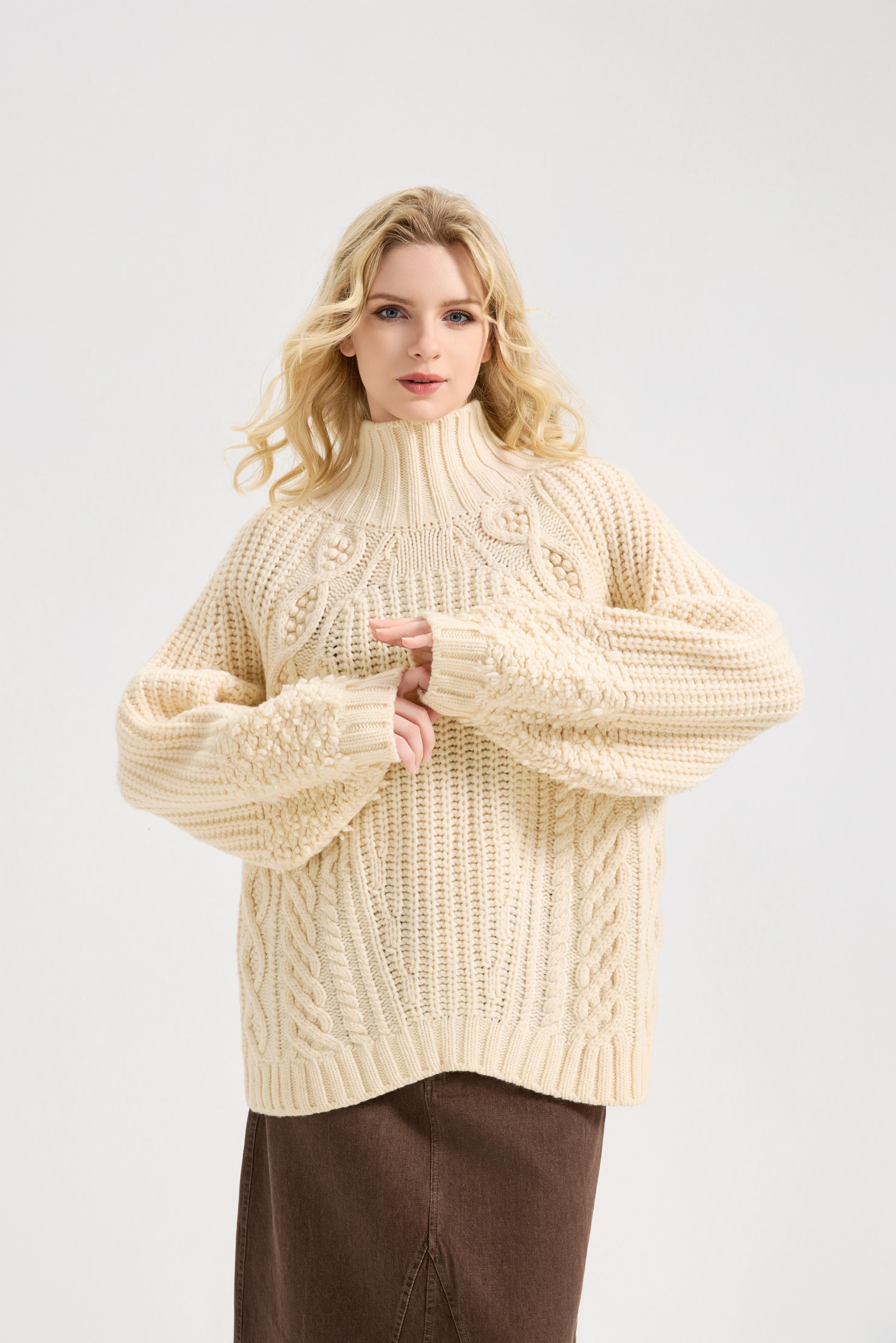 Women's Casual Turtleneck Long Lantern Sleeve Fall 2025 Oversized Ribbed Knit Pullover Sweater Jumper Top