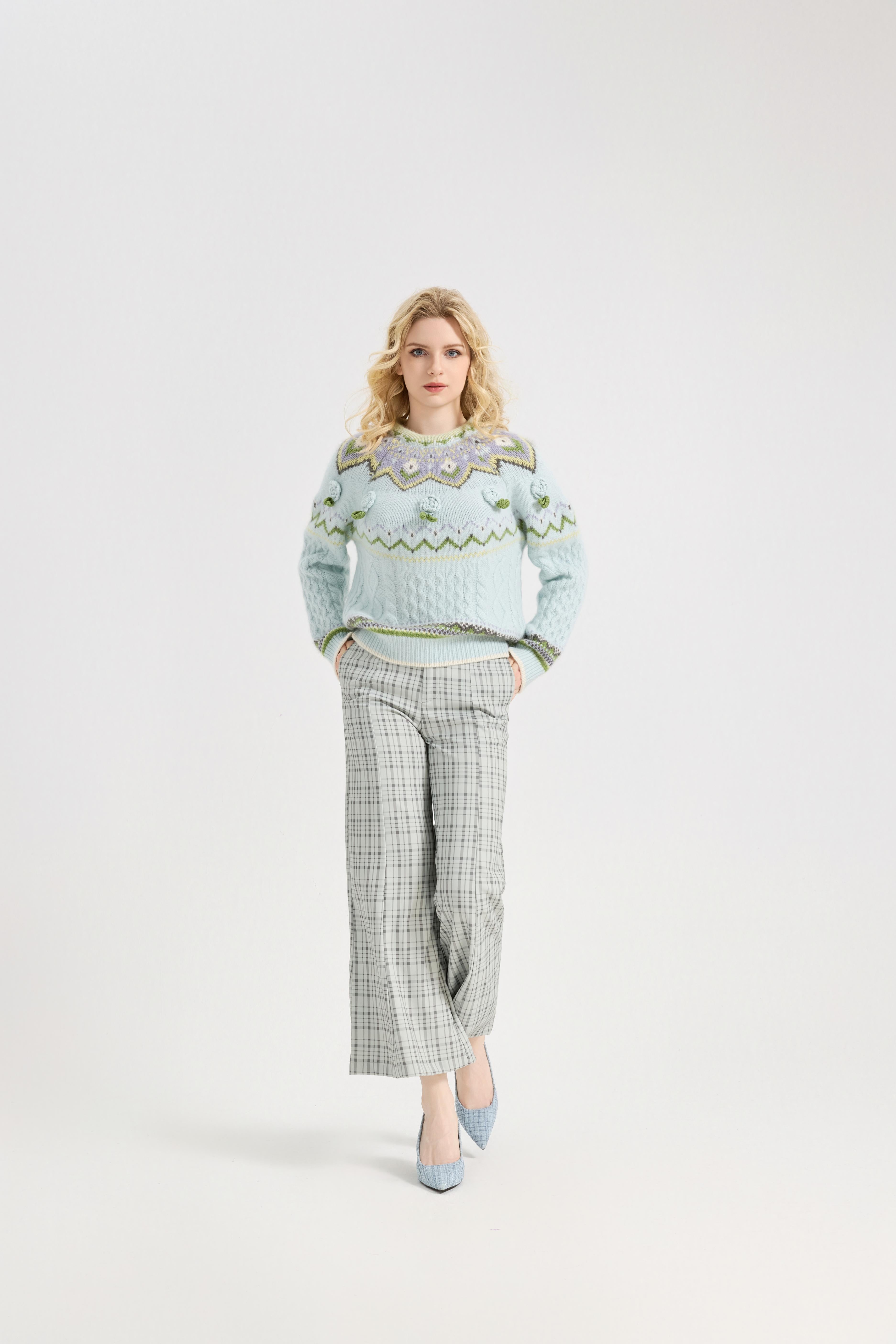 Fair Isle Sweater Women Vintage Long Sleeve Crewneck Sweater floraldesign Knit Pullover Top