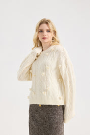 Women's Flower Sweater Crochet Cute Floral Knit Crew Neck Pullover Tops