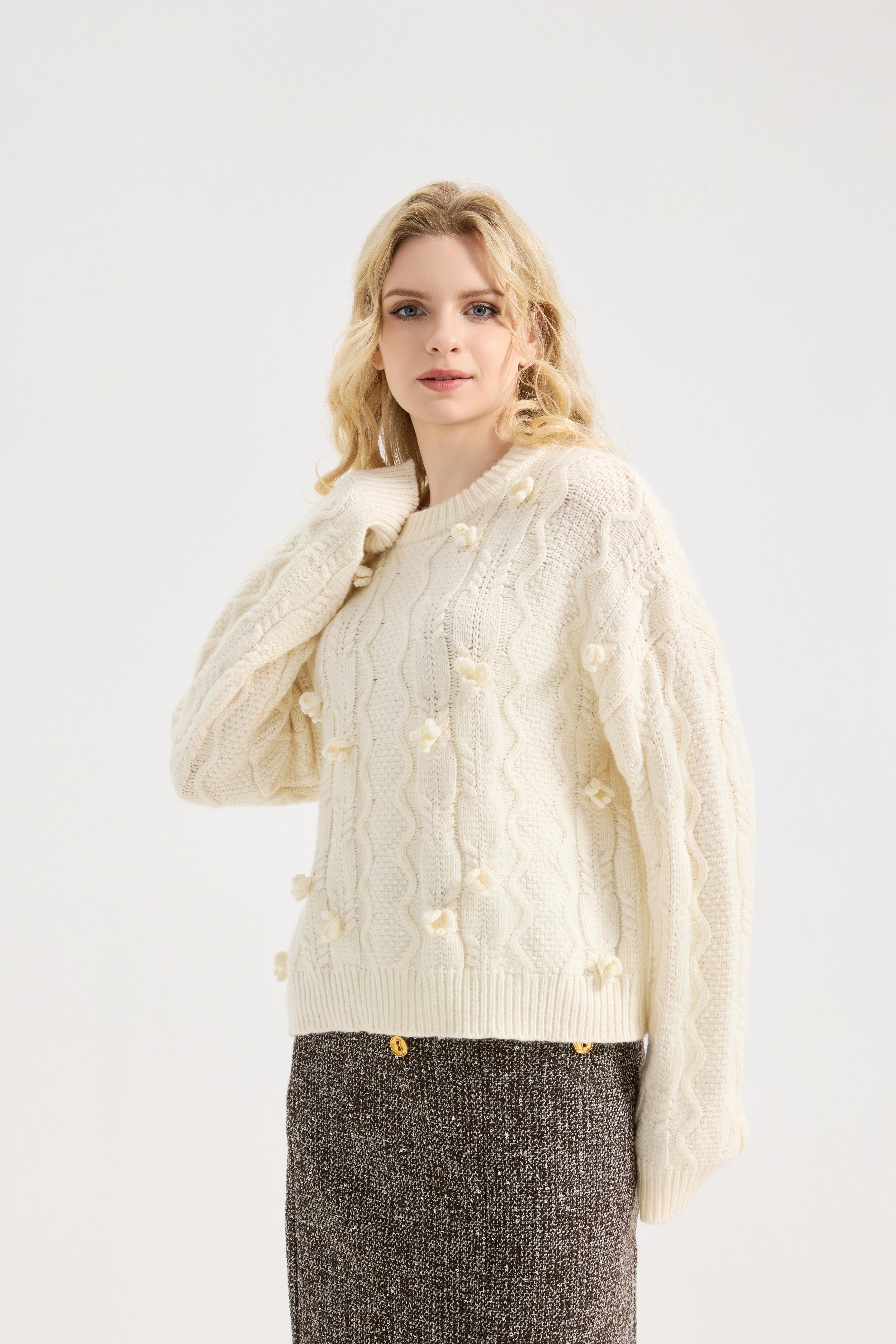 Women's Flower Sweater Crochet Cute Floral Knit Crew Neck Pullover Tops