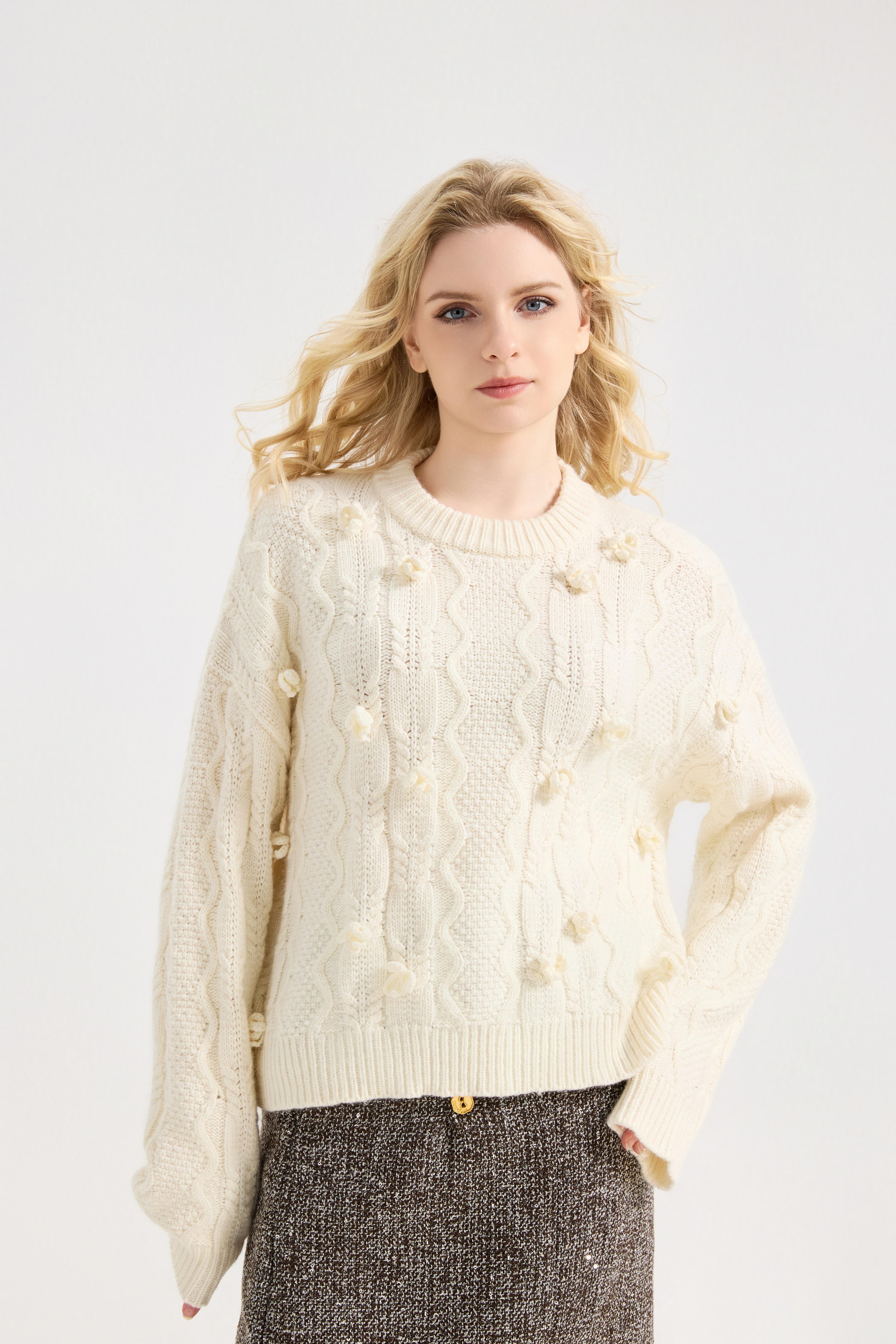 Women's Flower Sweater Crochet Cute Floral Knit Crew Neck Pullover Tops