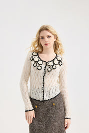Women's Pointelle Cardigan Sweaters Scalloped Neck Crochet floral ,  long sleeve Mesh Top