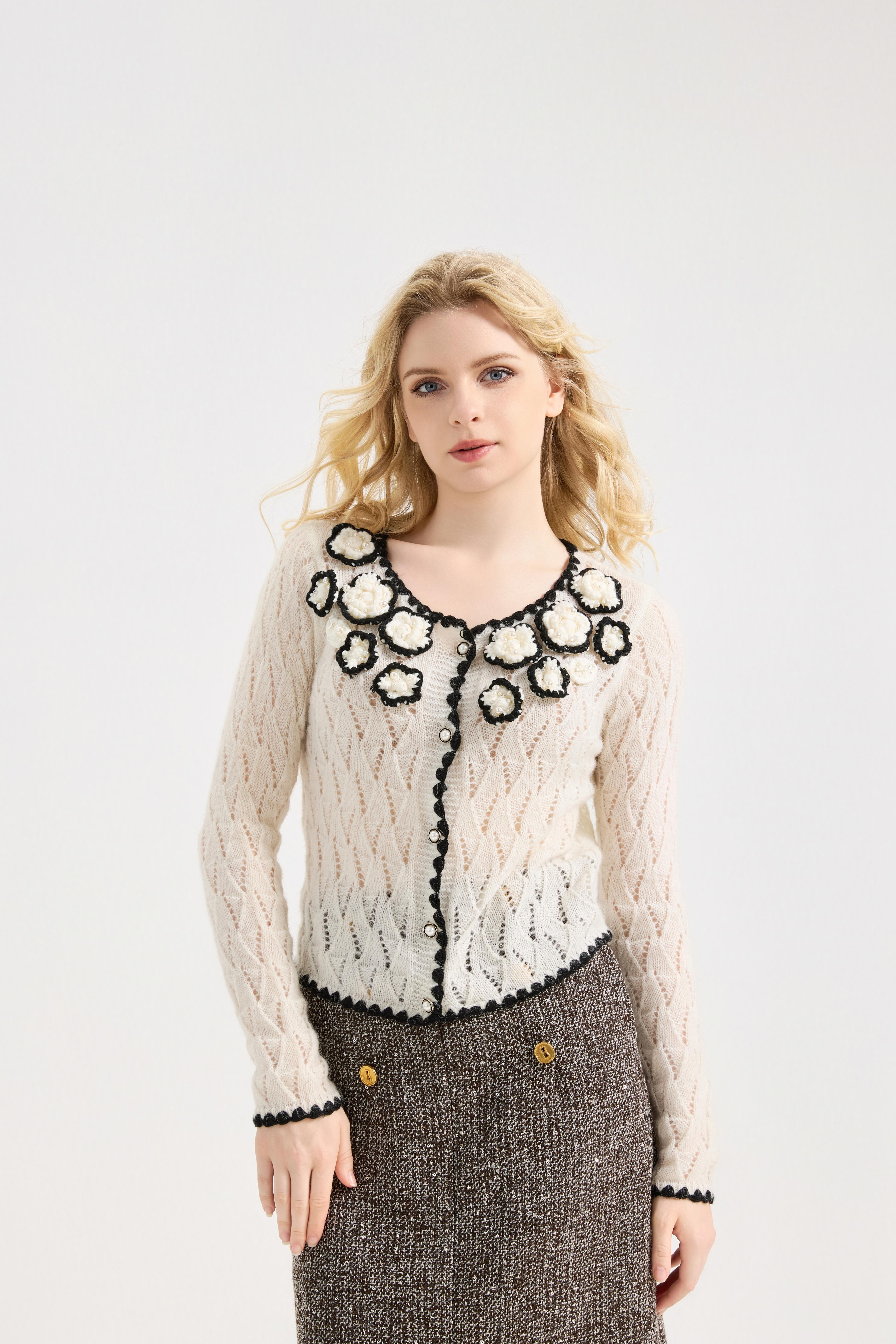 Women's Pointelle Cardigan Sweaters Scalloped Neck Crochet floral ,  long sleeve Mesh Top
