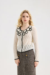 Women's Pointelle Cardigan Sweaters Scalloped Neck Crochet floral ,  long sleeve Mesh Top