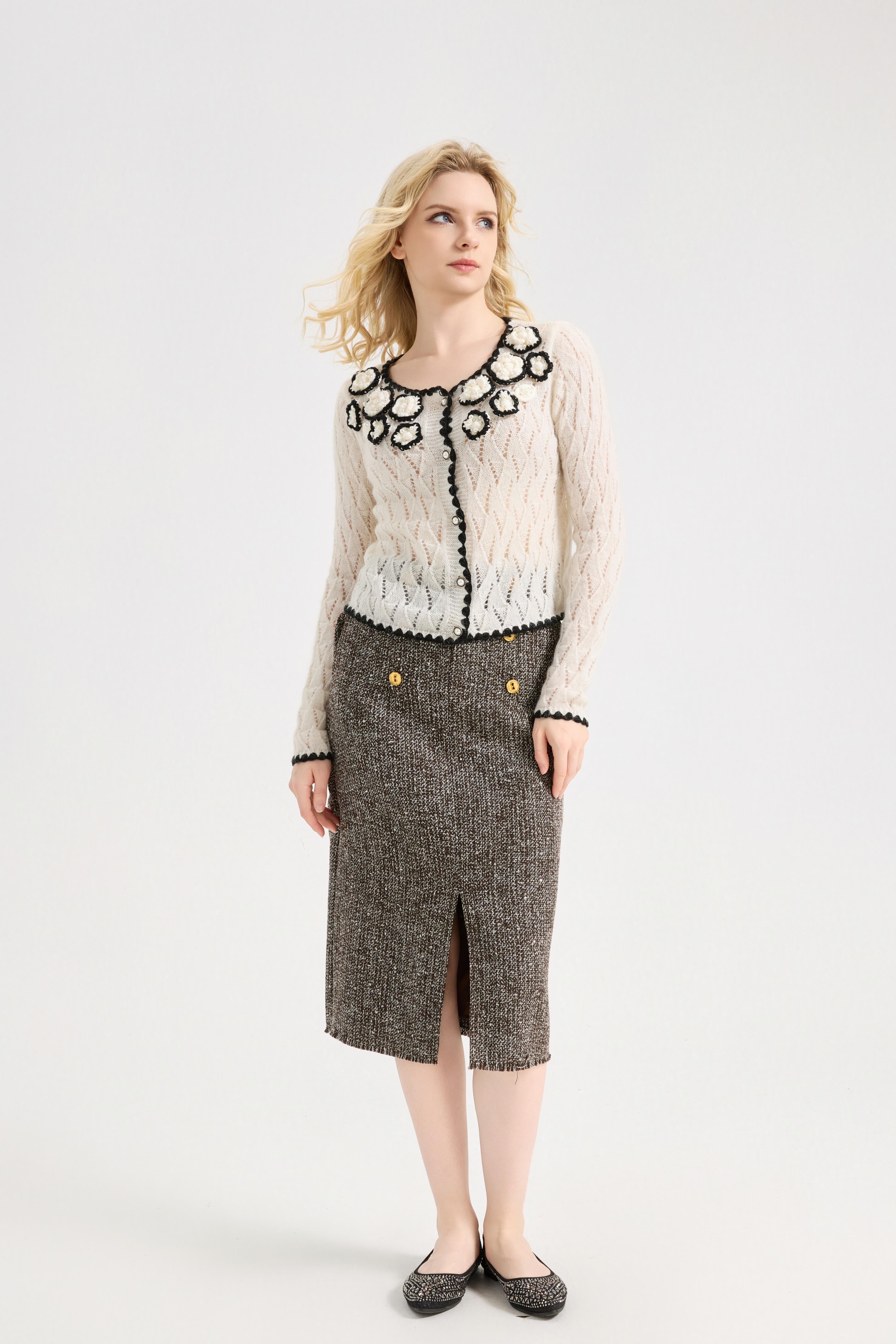 Women's Pointelle Cardigan Sweaters Scalloped Neck Crochet floral ,  long sleeve Mesh Top