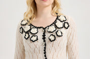 Women's Pointelle Cardigan Sweaters Scalloped Neck Crochet floral ,  long sleeve Mesh Top