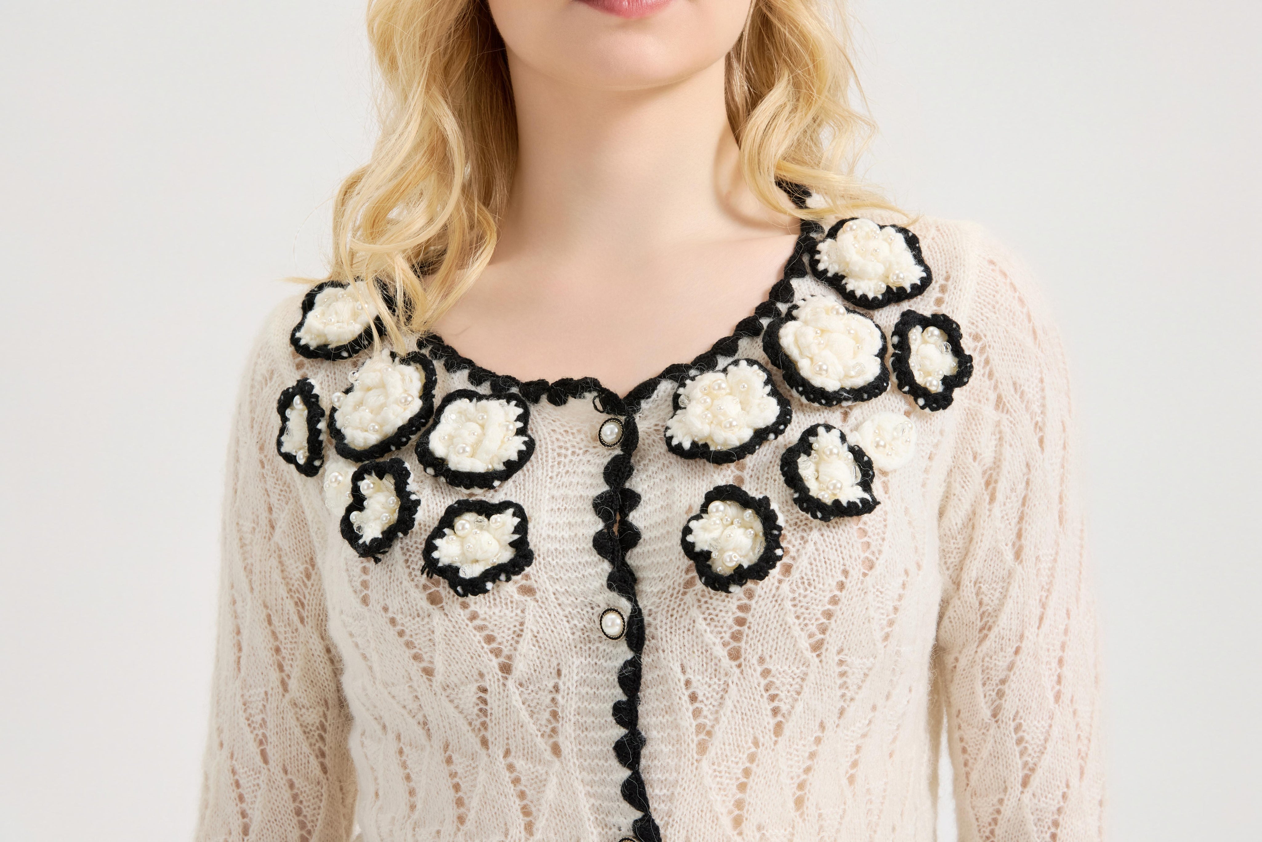 Women's Pointelle Cardigan Sweaters Scalloped Neck Crochet floral ,  long sleeve Mesh Top