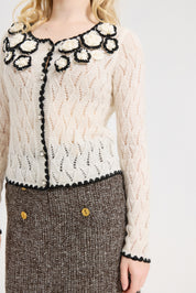 Women's Pointelle Cardigan Sweaters Scalloped Neck Crochet floral ,  long sleeve Mesh Top
