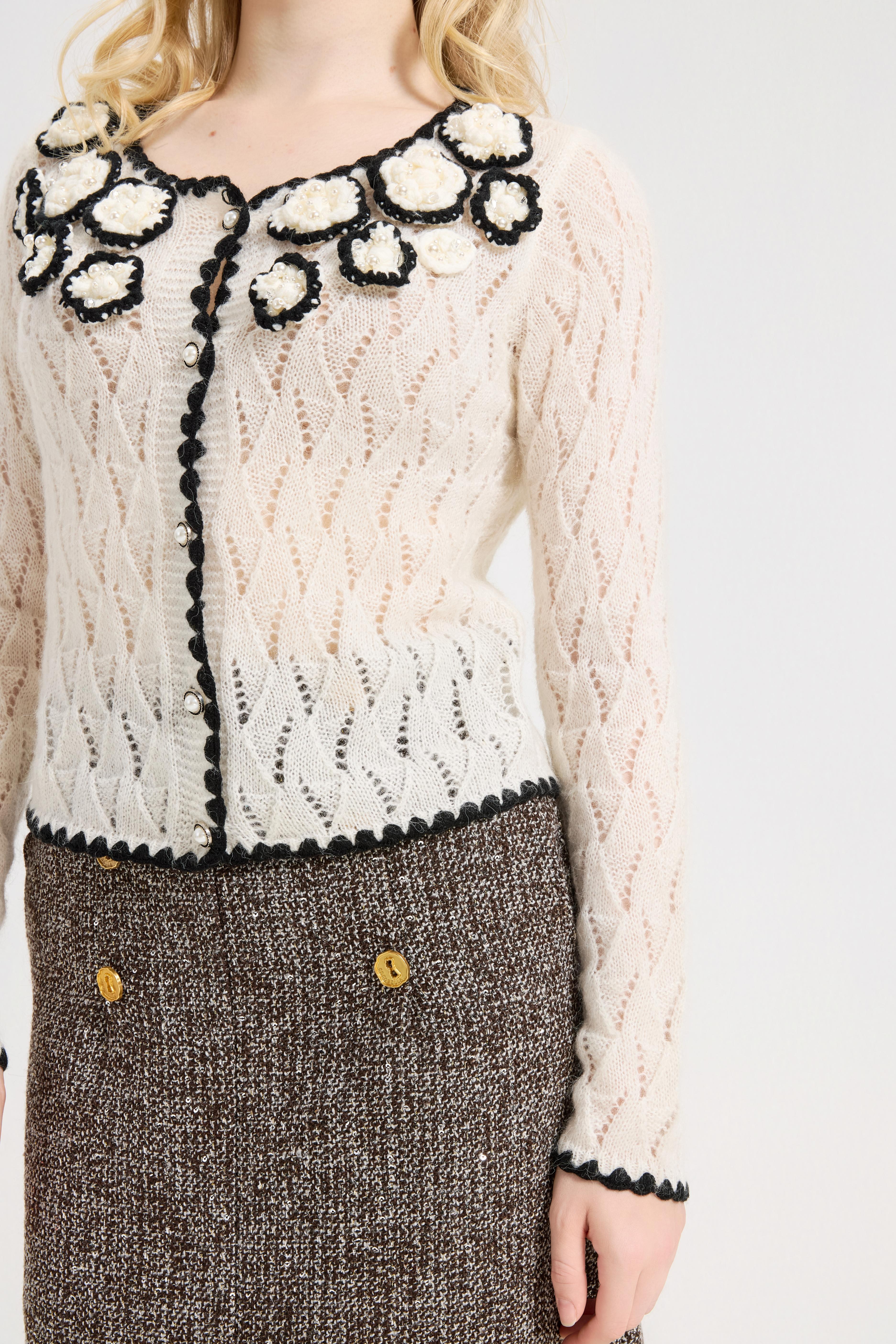 Women's Pointelle Cardigan Sweaters Scalloped Neck Crochet floral ,  long sleeve Mesh Top