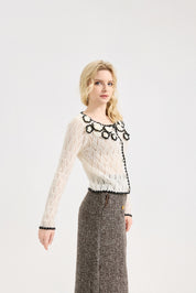 Women's Pointelle Cardigan Sweaters Scalloped Neck Crochet floral ,  long sleeve Mesh Top