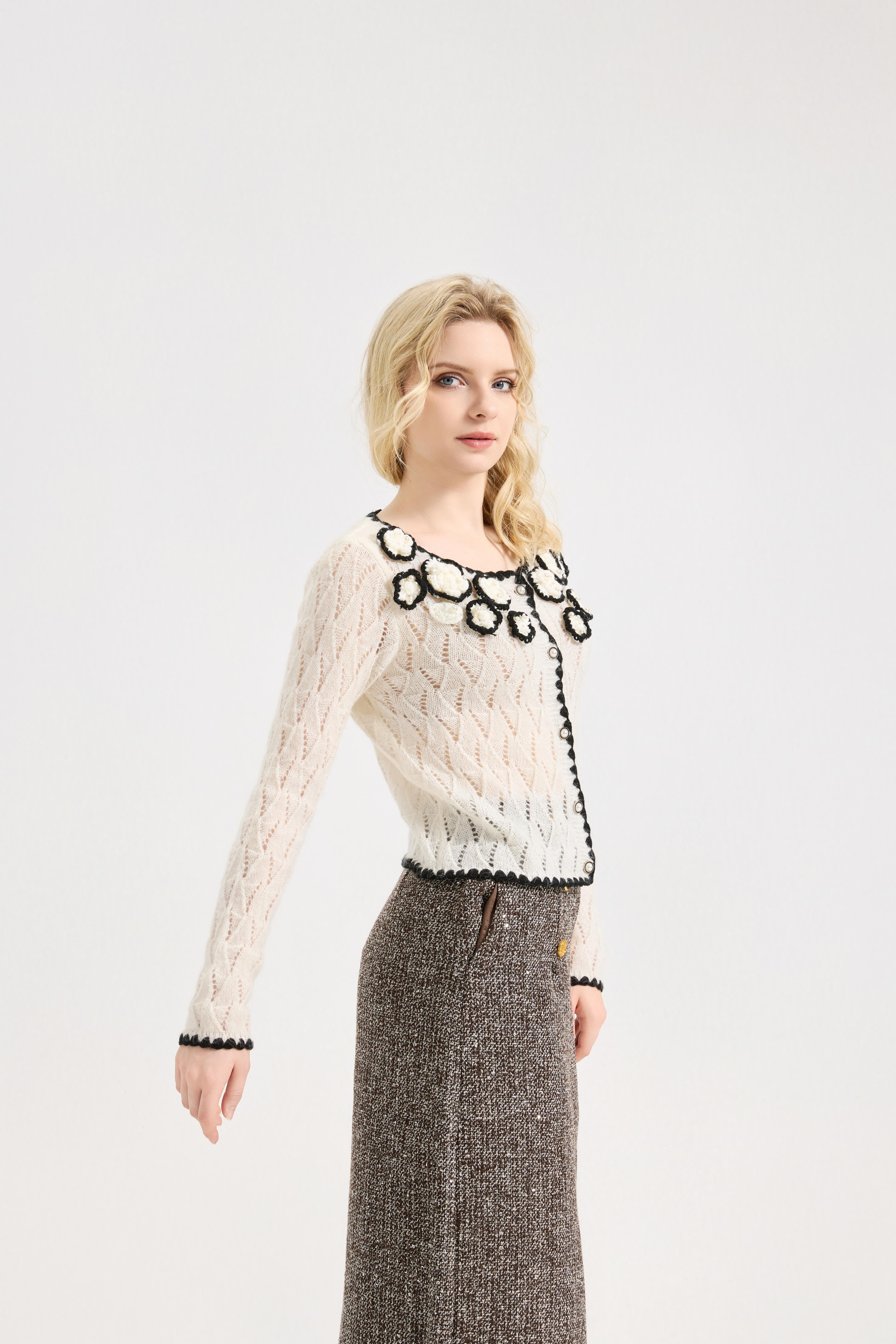 Women's Pointelle Cardigan Sweaters Scalloped Neck Crochet floral ,  long sleeve Mesh Top