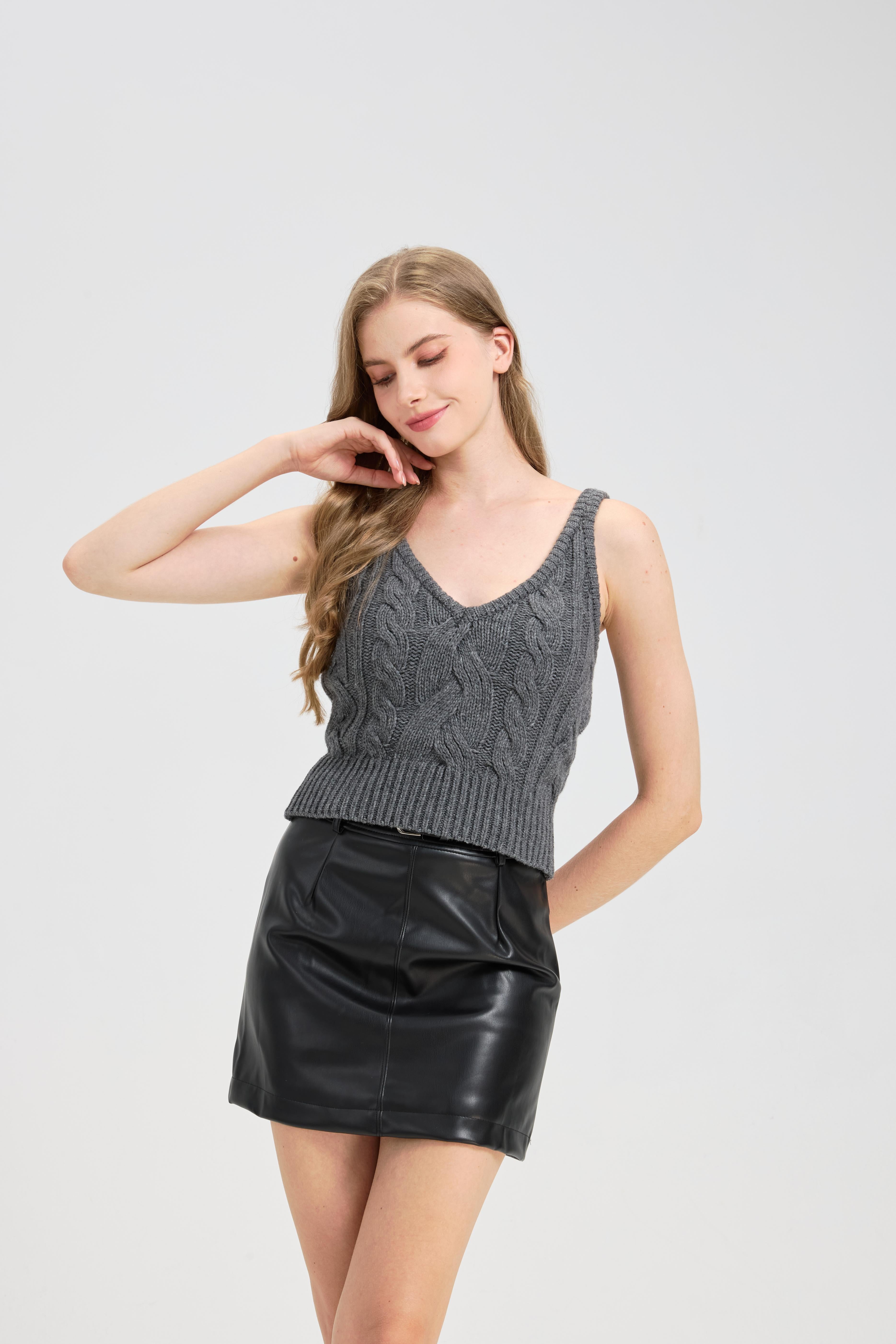 Sweater Vest for Women V Neck Straps Cable Knit Solid Casual Camisole Top