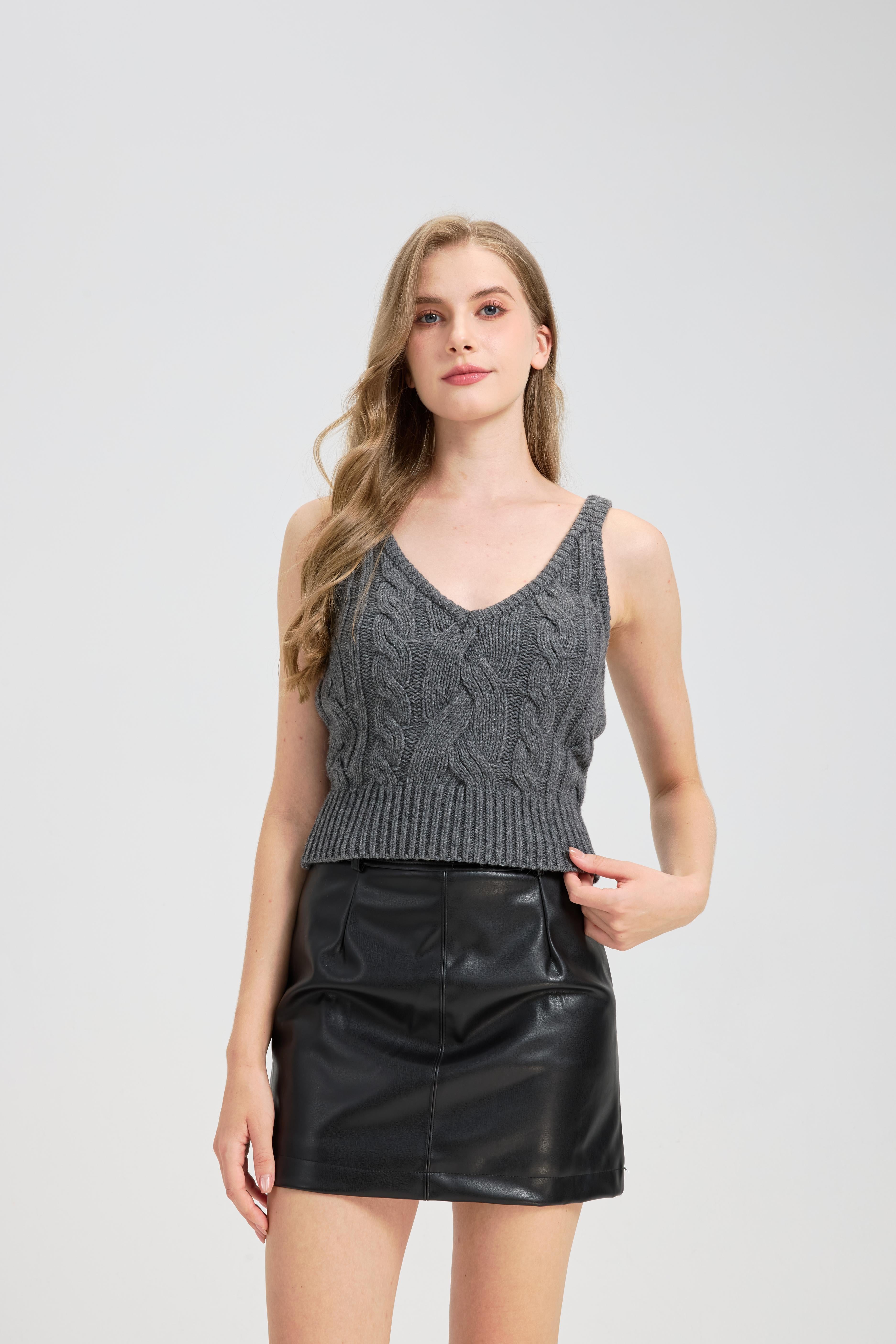 Sweater Vest for Women V Neck Straps Cable Knit Solid Casual Camisole Top