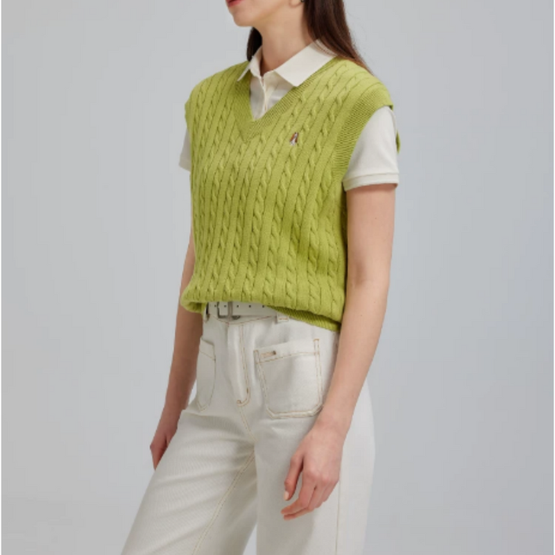 Different styles of women's v-neck cable knit sweater vests