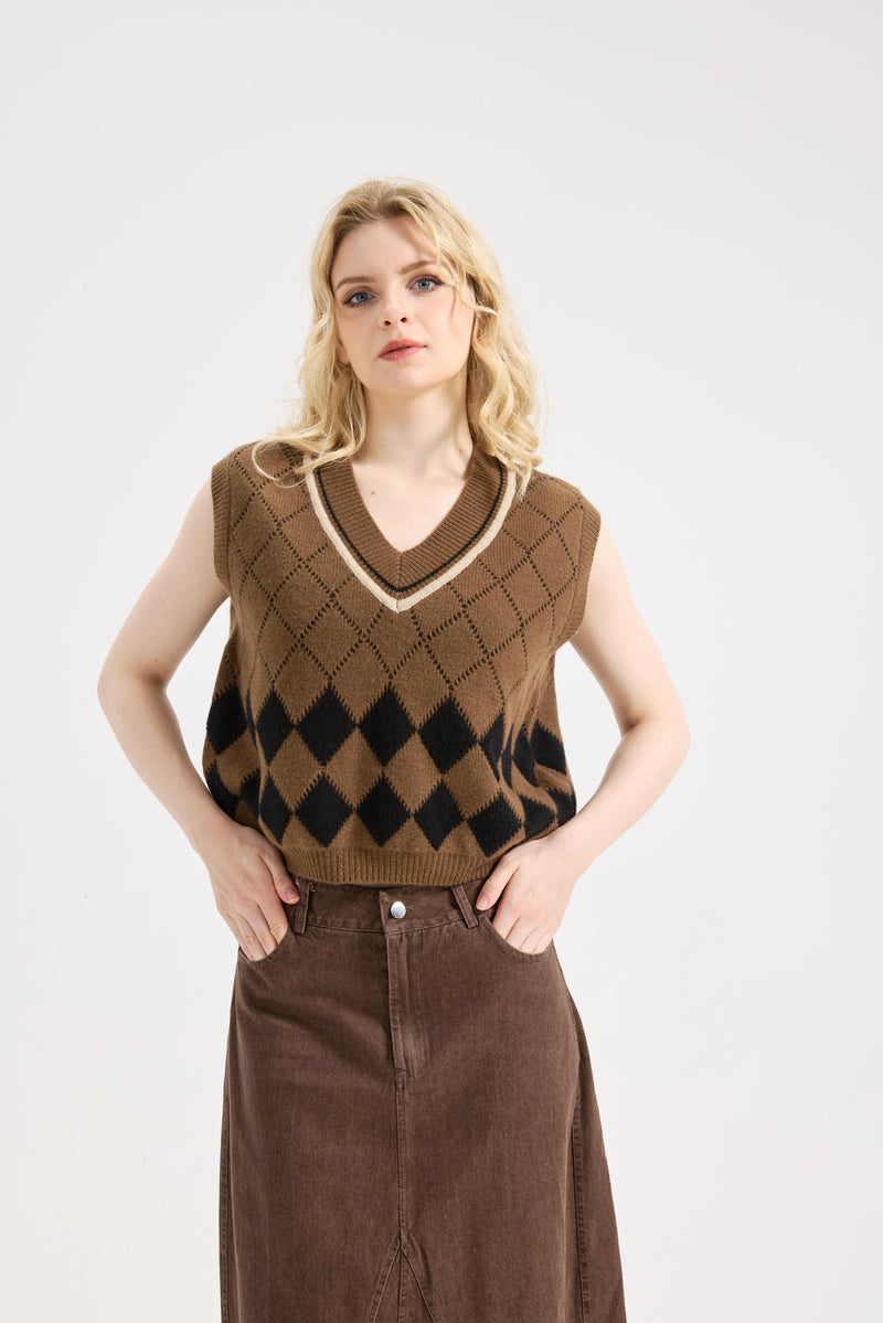 Chaleco tipo suéter Hyipels para mujer, sin mangas, cuello en V, con rombos, a cuadros, largo, preppy, suelto, de punto, informal, para la escuela, camiseta sin mangas 