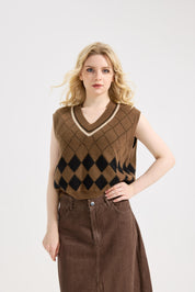 Hyipels Sweater Vest Women,Sleeveless V Neck Argyle Plaid Long Preppy Loose Knitted Casual School Sweaters Tank Top